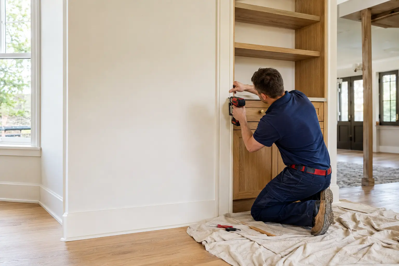 Handyman carefully installing finish carpentry in a clean home